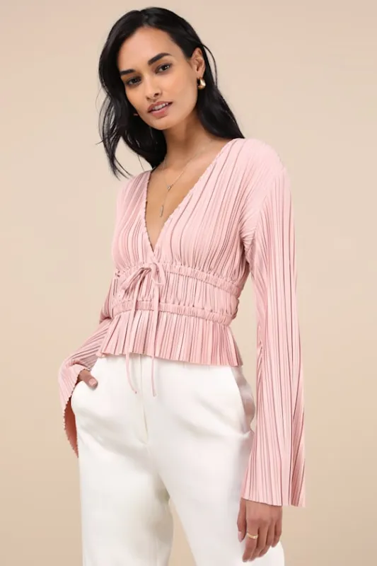 Staying Optimistic Light Pink Pleated Bell Sleeve Top sold by Lulus
