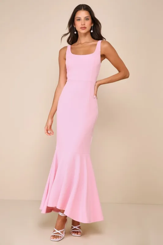 Romantic Destiny Light Pink Square Neck Trumpet Maxi Dress made by Lulus