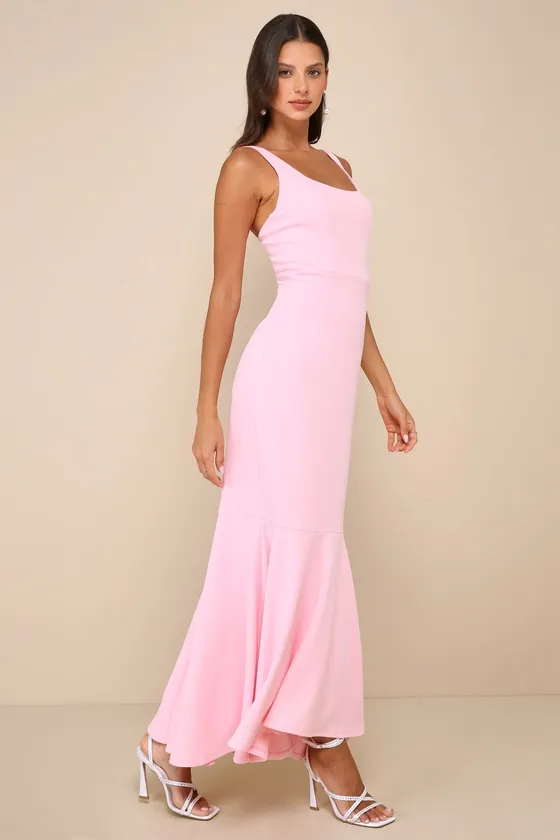 Romantic Destiny Light Pink Square Neck Trumpet Maxi Dress sold by Lulus product image thumbnail 4