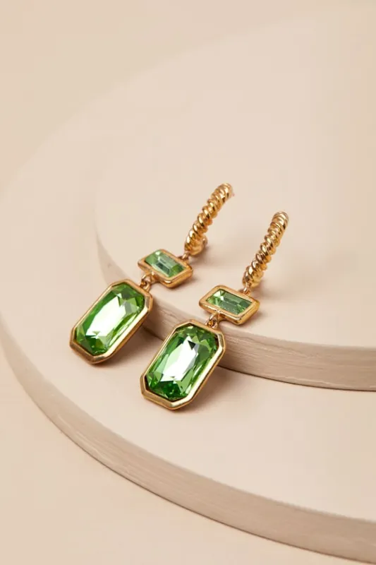 Koto Gold and Green Rhinestone Hoop Drop Earrings sold by Lulus