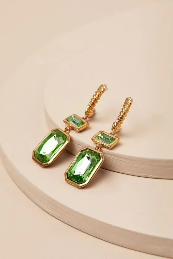 Koto Gold and Green Rhinestone Hoop Drop Earrings sold by Lulus