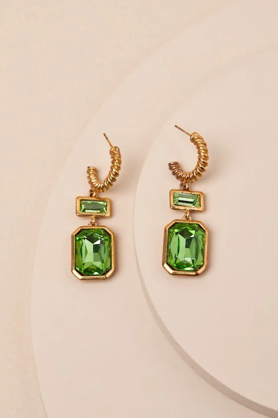 Koto Gold and Green Rhinestone Hoop Drop Earrings sold by Lulus product image thumbnail 2