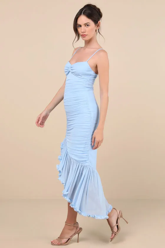Vicky Light Blue Mesh Ruched Midi Dress sold by Lulus product image thumbnail 4