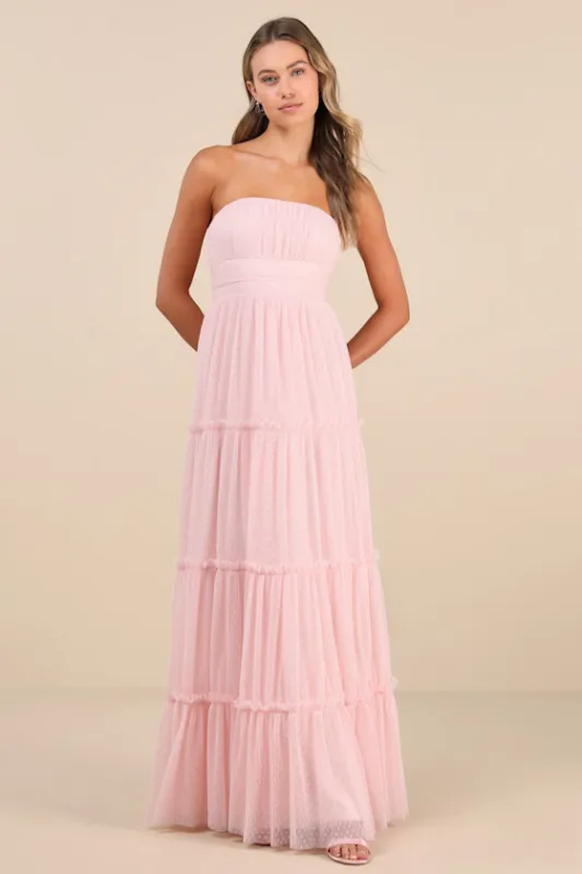 Sweetness Light Pink Mesh Swiss Dot Tiered Maxi Dress sold by Lulus