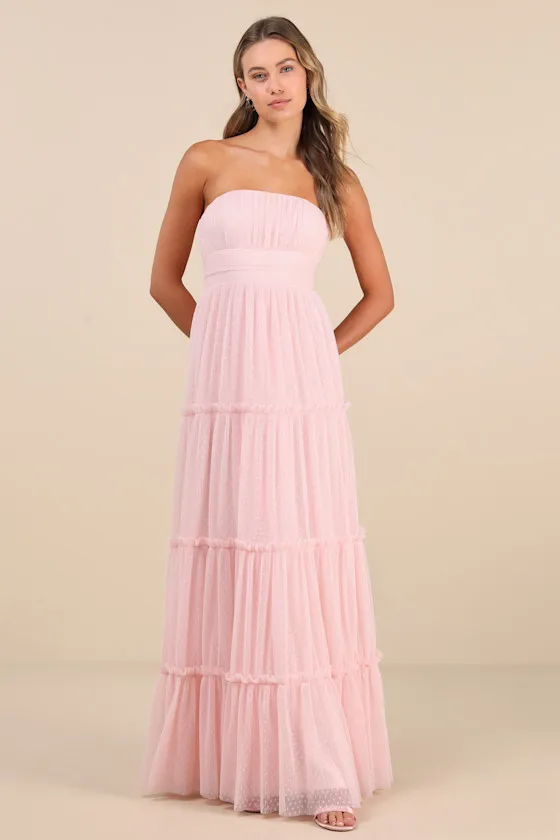 Sweetness Light Pink Mesh Swiss Dot Tiered Maxi Dress sold by Lulus