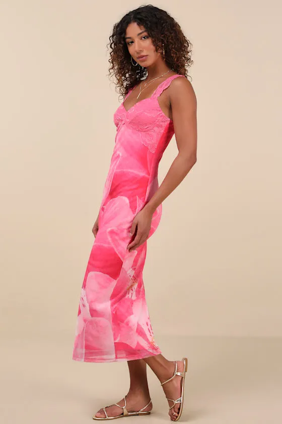 Flirty Whimsy Hot Pink Floral Mesh Midi Dress sold by Lulus product image thumbnail 2