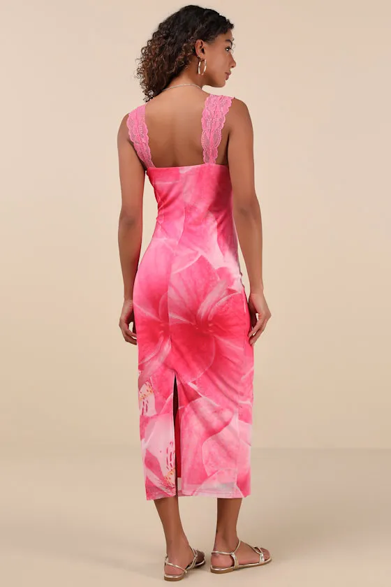 Flirty Whimsy Hot Pink Floral Mesh Midi Dress sold by Lulus product image thumbnail 3