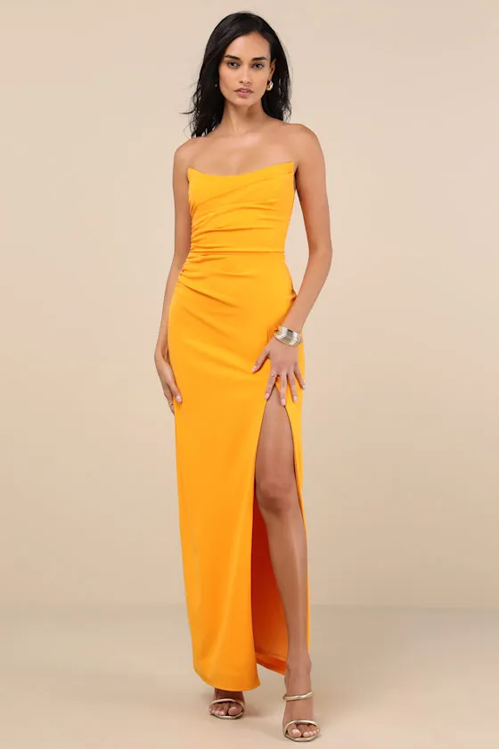 Malia Golden Yellow Ruched Strapless Maxi Dress sold by Lulus