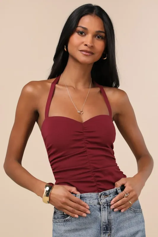 Ikuye Burgundy Ruched Halter Top sold by Lulus