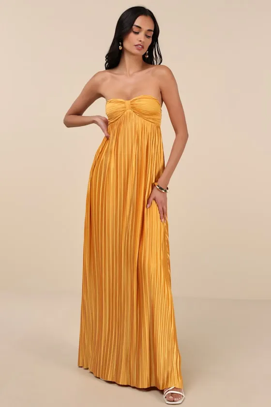 Whimsical Beauty Golden Yellow Satin Plisse Strapless Maxi Dress sold by Lulus