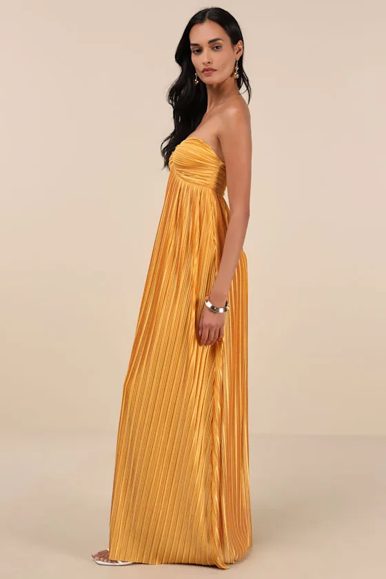 Whimsical Beauty Golden Yellow Satin Plisse Strapless Maxi Dress sold by Lulus product image thumbnail 2