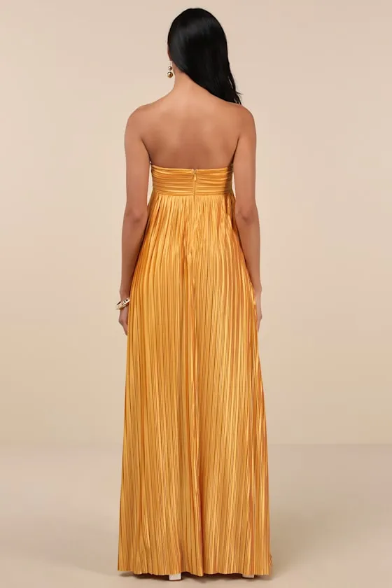 Whimsical Beauty Golden Yellow Satin Plisse Strapless Maxi Dress sold by Lulus product image thumbnail 3
