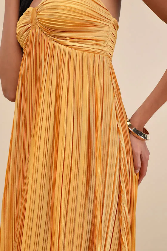 Whimsical Beauty Golden Yellow Satin Plisse Strapless Maxi Dress sold by Lulus product image thumbnail 4