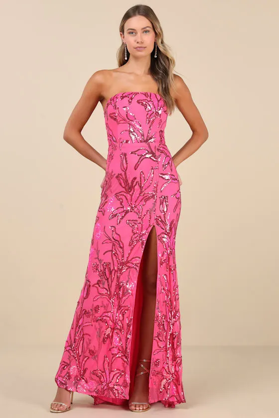 Shimmering Icon Hot Pink Sequin Lace-Up Strapless Maxi Dress sold by Lulus