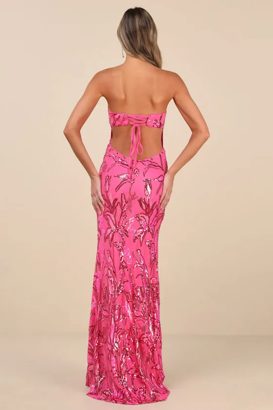 Shimmering Icon Hot Pink Sequin Lace-Up Strapless Maxi Dress sold by Lulus product image thumbnail 2