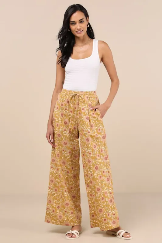 Dido Mustard Yellow Multi Floral Wide-Leg Pants sold by Lulus