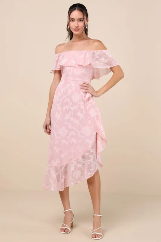 Pretty Perfect Blush Burnout Floral Off-the-Shoulder Midi Dress sold by Lulus