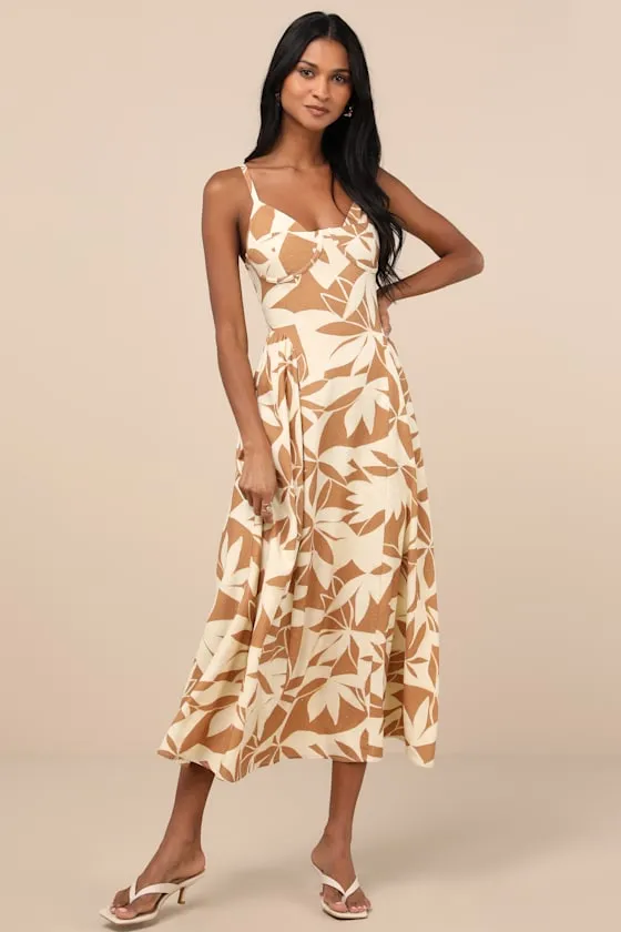Veris Cream and Tan Floral Bustier Midi Dress sold by Lulus