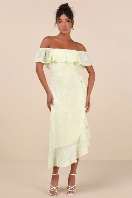 Pretty Perfect Yellow Burnout Floral Off-the-Shoulder Midi Dress sold by Lulus