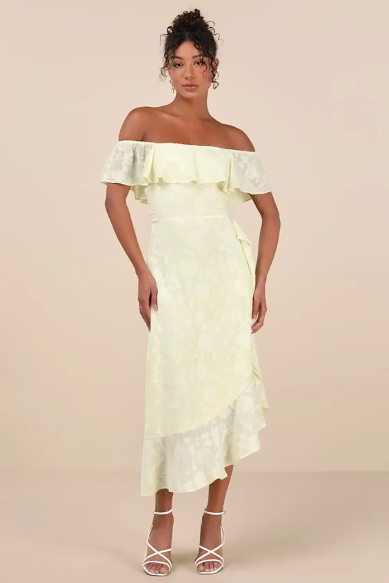 Pretty Perfect Yellow Burnout Floral Off-the-Shoulder Midi Dress sold by Lulus