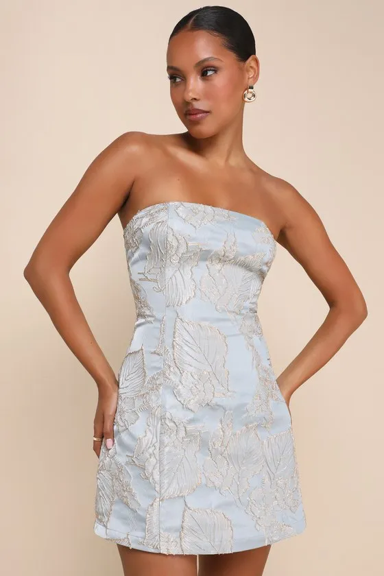 Aesthetic Pose Slate Blue and Gold Jacquard Strapless Mini Dress sold by Lulus