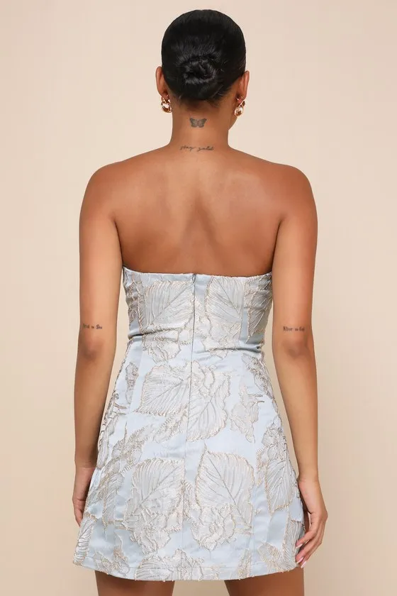 Aesthetic Pose Slate Blue and Gold Jacquard Strapless Mini Dress sold by Lulus product image thumbnail 2