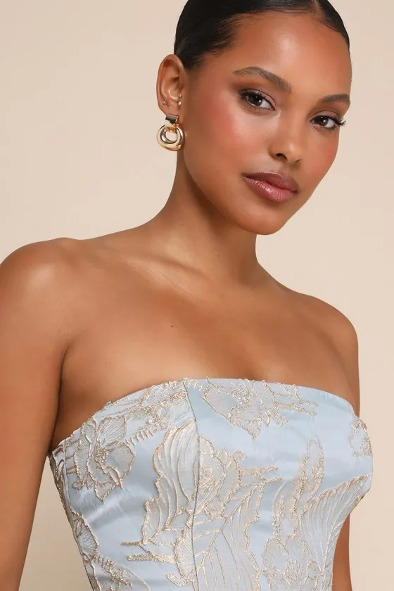 Aesthetic Pose Slate Blue and Gold Jacquard Strapless Mini Dress sold by Lulus product image thumbnail 4