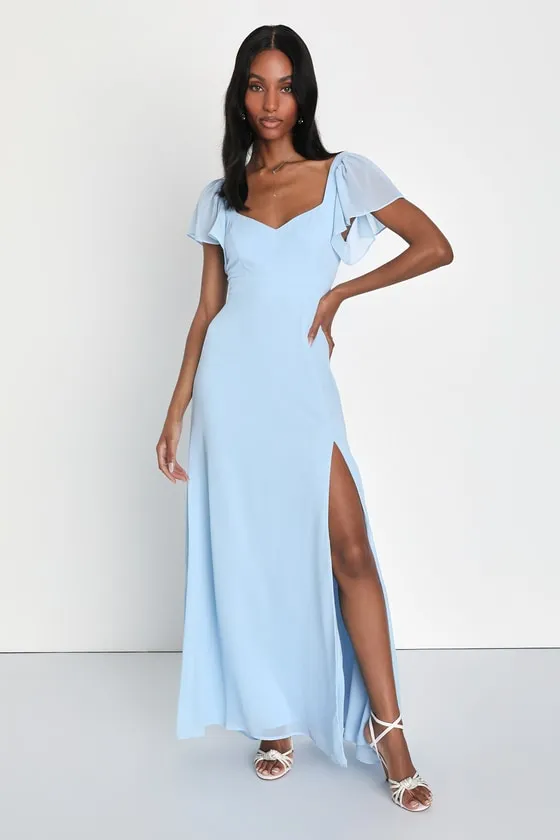 Simply Delightful Light Blue Tie-Back Flutter Sleeve Maxi Dress sold by Lulus