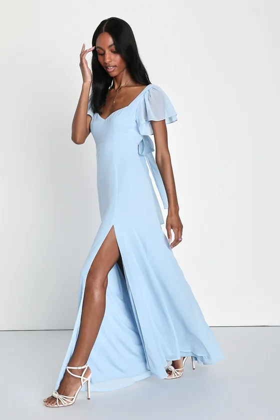 Simply Delightful Light Blue Tie-Back Flutter Sleeve Maxi Dress sold by Lulus product image thumbnail 3