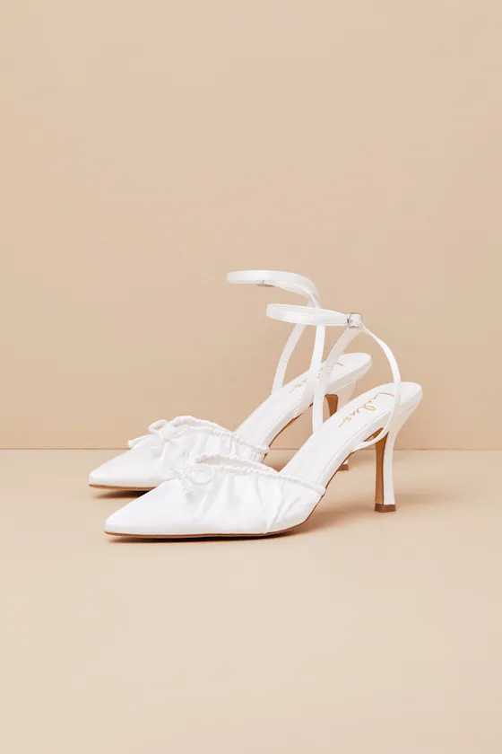 Issoria White Satin Bow Ankle Strap Pumps sold by Lulus