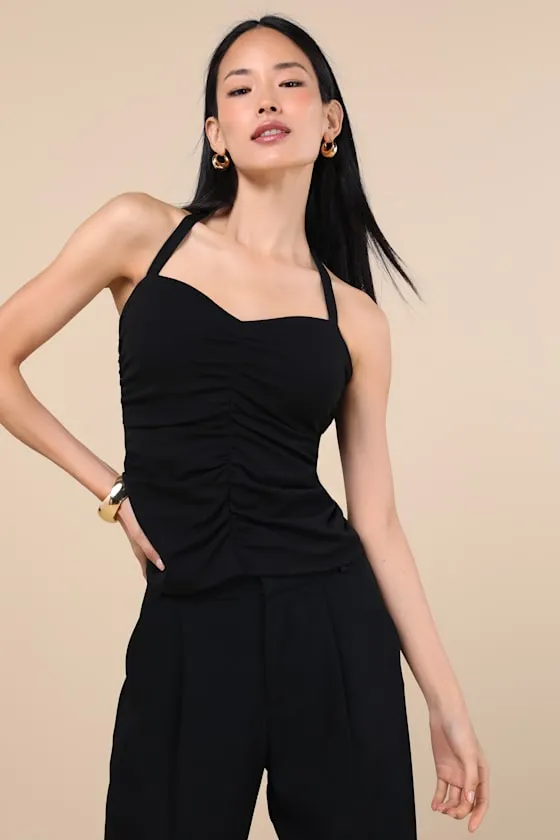 Ikuye Black Ruched Halter Top sold by Lulus