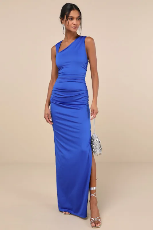 Enticing Darling Royal Blue Asymmetrical Ruched Maxi Dress sold by Lulus