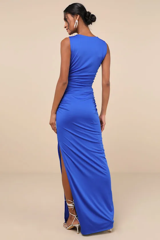 Enticing Darling Royal Blue Asymmetrical Ruched Maxi Dress sold by Lulus product image thumbnail 2