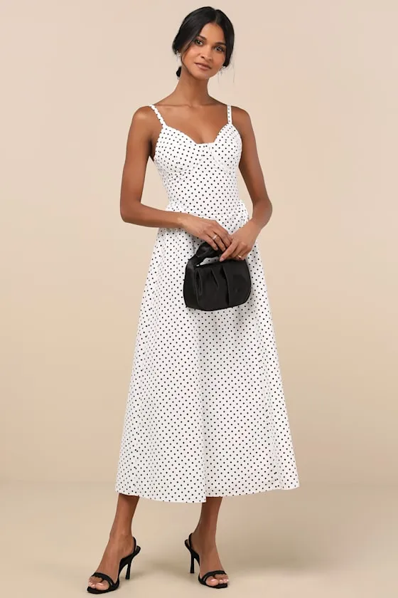 Veris White Polka Dot Bustier Midi Dress sold by Lulus