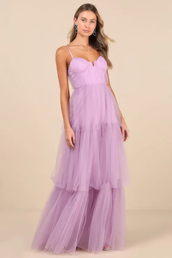 Unforgettable Poise Lilac Tulle Bustier Tiered Maxi Dress sold by Lulus