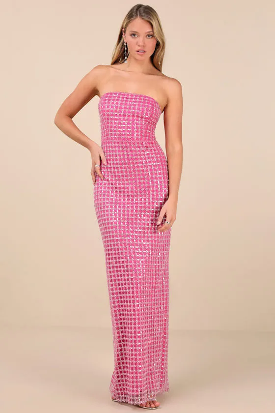 Perfectly Luxurious Pink Pearl Strapless Maxi Dress sold by Lulus
