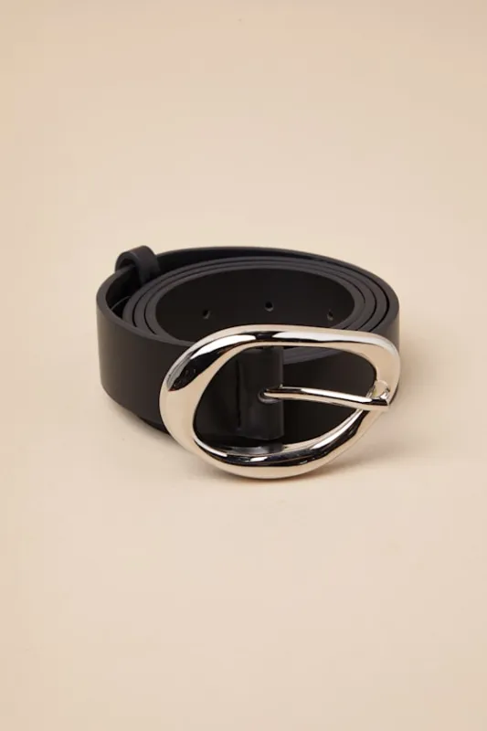 Laken Black and Silver Oval Buckle Belt sold by Lulus
