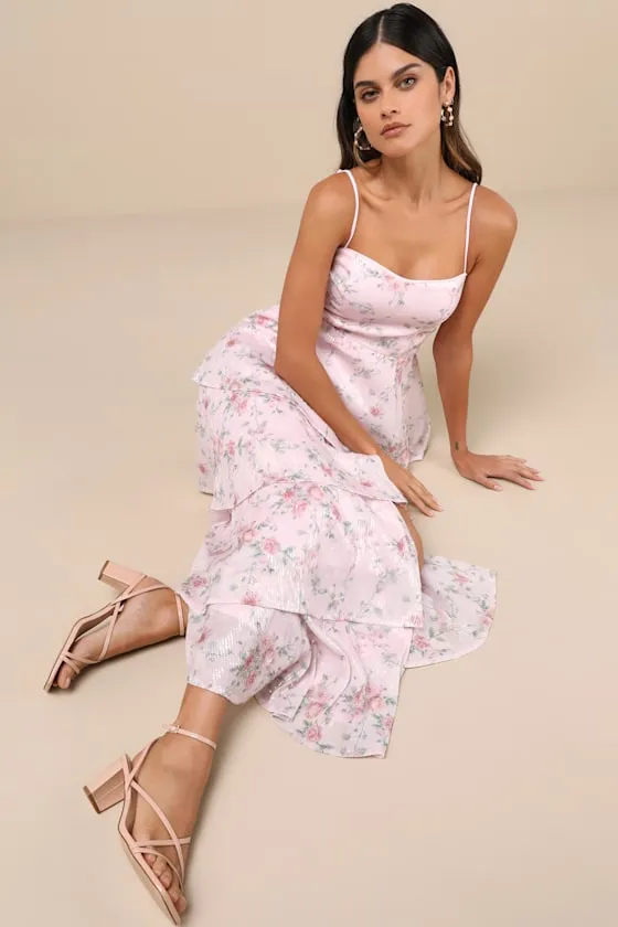 Flourishing Shine Light Pink Floral Sequin Tiered Maxi Dress sold by Lulus