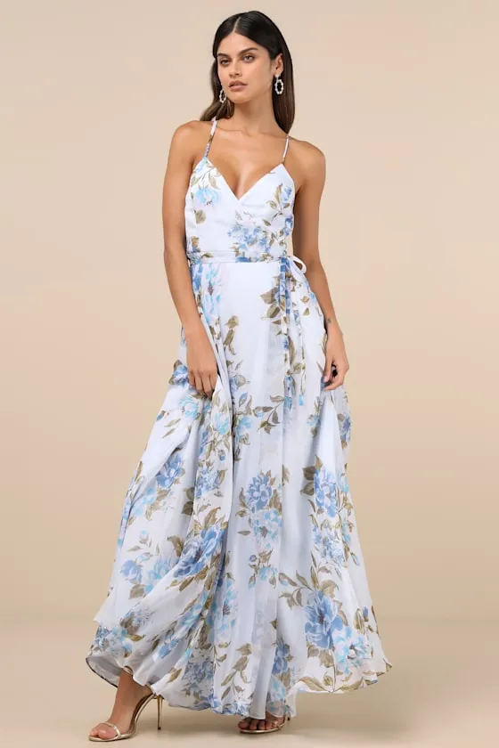 Oh-So Romantic Pale Blue Floral Print Sleeveless Wrap Maxi Dress sold by Lulus