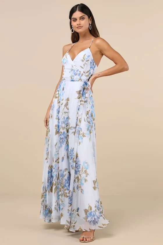 Oh-So Romantic Pale Blue Floral Print Sleeveless Wrap Maxi Dress sold by Lulus product image thumbnail 3