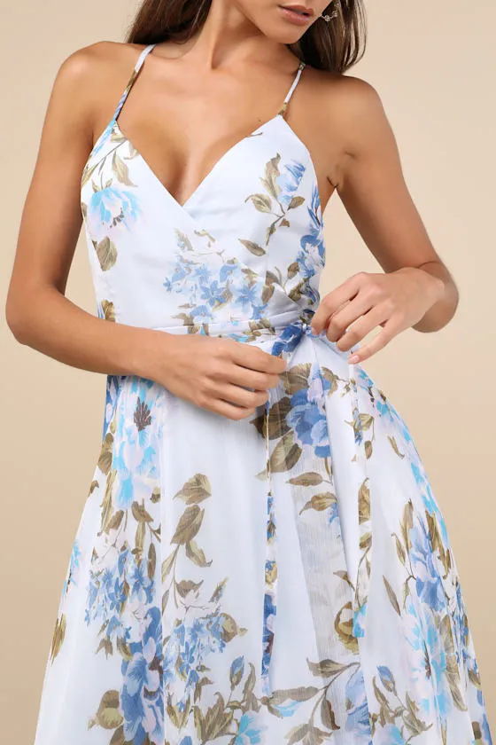 Oh-So Romantic Pale Blue Floral Print Sleeveless Wrap Maxi Dress sold by Lulus product image thumbnail 4
