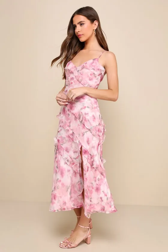 Dreamy Personality Pink Floral Ruffled Sleeveless Midi Dress sold by Lulus