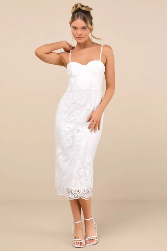 Brittley White Embroidered Bustier Midi Dress sold by Lulus
