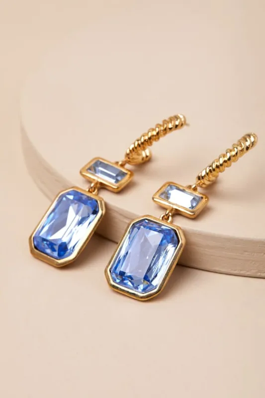 Koto Gold and Blue Rhinestone Hoop Drop Earrings sold by Lulus