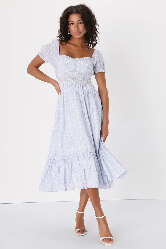 Dreamy Darling Blue and White Floral Puff Sleeve Midi Dress sold by Lulus product image thumbnail 2