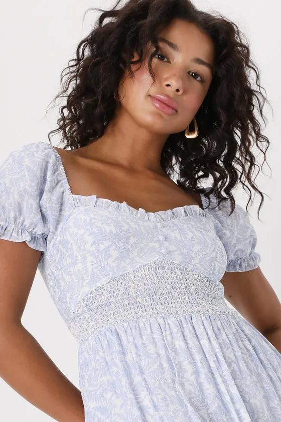 Dreamy Darling Blue and White Floral Puff Sleeve Midi Dress sold by Lulus product image thumbnail 3