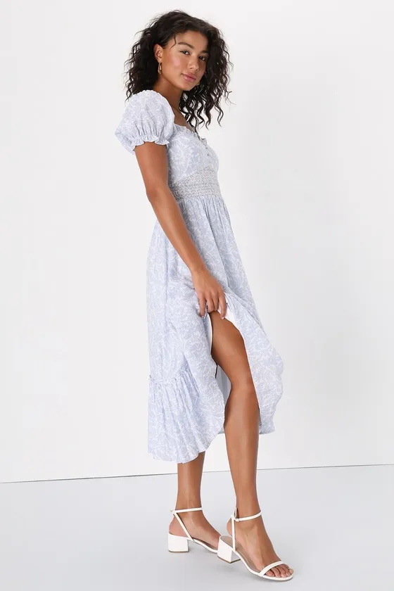 Dreamy Darling Blue and White Floral Puff Sleeve Midi Dress sold by Lulus product image thumbnail 4