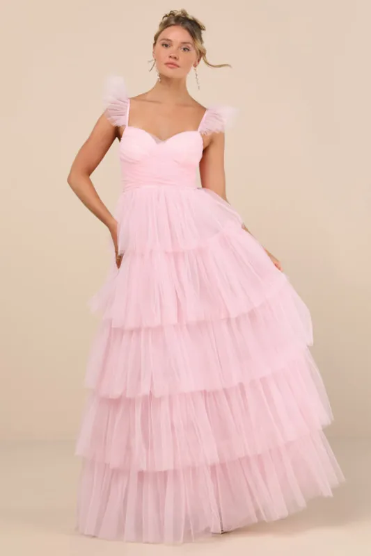 Fabulous Poise Light Pink Tulle Ruffled Tiered Maxi Dress sold by Lulus