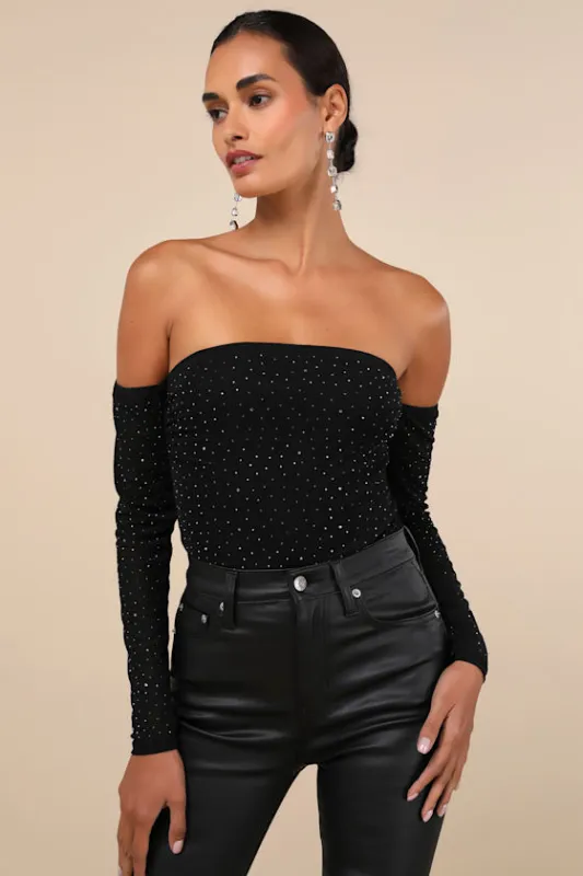 Shimmering Scene Black Rhinestone Mesh Off-the-Shoulder Bodysuit sold by Lulus