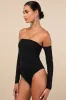 Shimmering Scene Black Rhinestone Mesh Off-the-Shoulder Bodysuit sold by Lulus